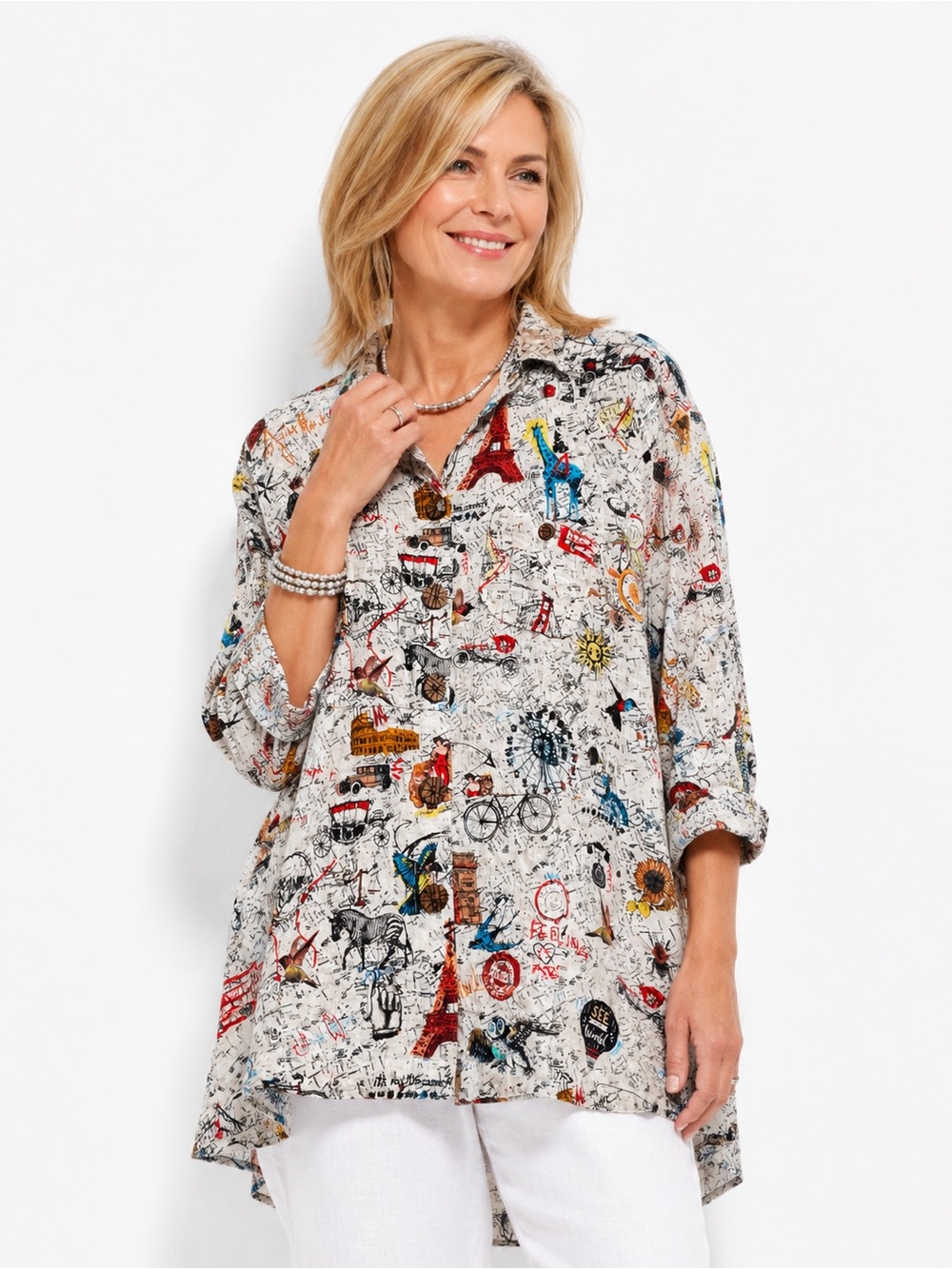 John Mark Button Up Tunic Top Medium Artsy See The World Map Lagenlook Travel